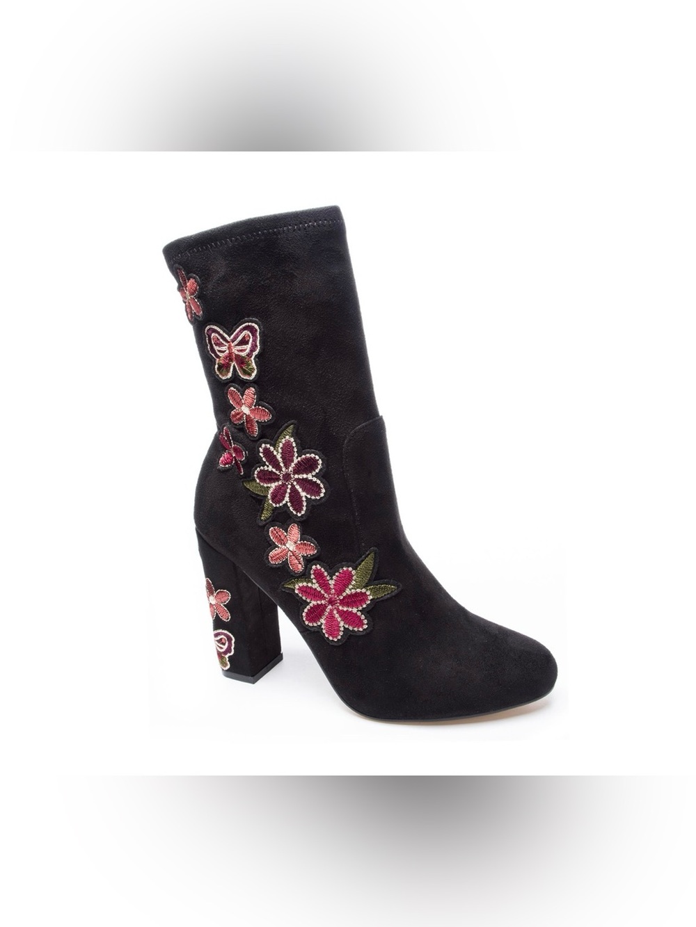 Chinese Laundry Bombshell Embroidered Floral Faux Suede Block Heel Boots Size 10